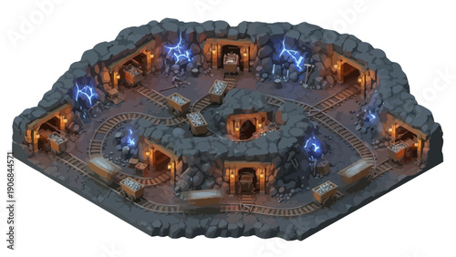 Isometric view of a fantasy underground mine with carts and glowing crystals.