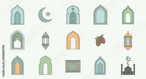 Ramadhan Kareem Icons Islamic Architectural Elements and Festive Symbols for Greetings
