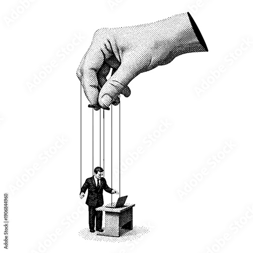 hand controlling office worker puppet with laptop, manipulation illustration in retro halftone style