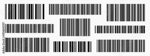 EAN code label set with linear barcode icons. Product identification marks for packaging and price tags. Black stripe graphics on white. Clean vector collection.
