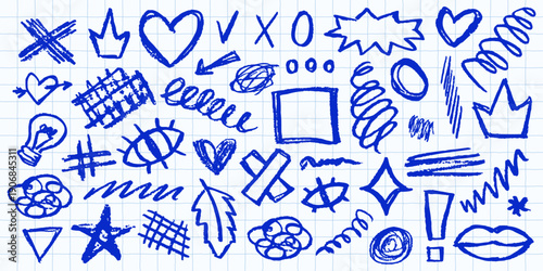 Vector set of blue sketchy scribble lines. Thin ballpoint strokes curly swirls and chaotic marks. Pencil and charcoal texture. Expressive freehand elements for highlights and annotations.