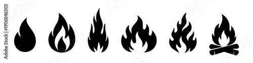 Minimal fire and flame icon set with multiple flame styles and campfire symbol. Perfect for UI, apps, safety signs, heat warnings, energy, camping, branding and infographic design.