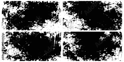 A creative set of vector grunge banners featuring black ink splats, paint spray textures, and dirty splatter borders with floral silhouette elements for a distressed artistic design