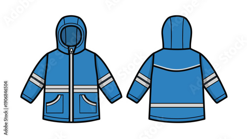 Vibrant blue hooded children's jacket, illustrated in front and back views, featuring prominent reflective safety stripes for enhanced visibility