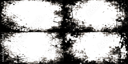 Vintage black ink splat pattern featuring a grunge vector border and floral silhouette stains on a dirty paint texture background