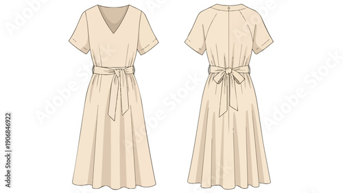 Technical illustration of a feminine v-neck short-sleeved midi dress, showcasing a tie-waist, with precise front and rear garment views for pattern