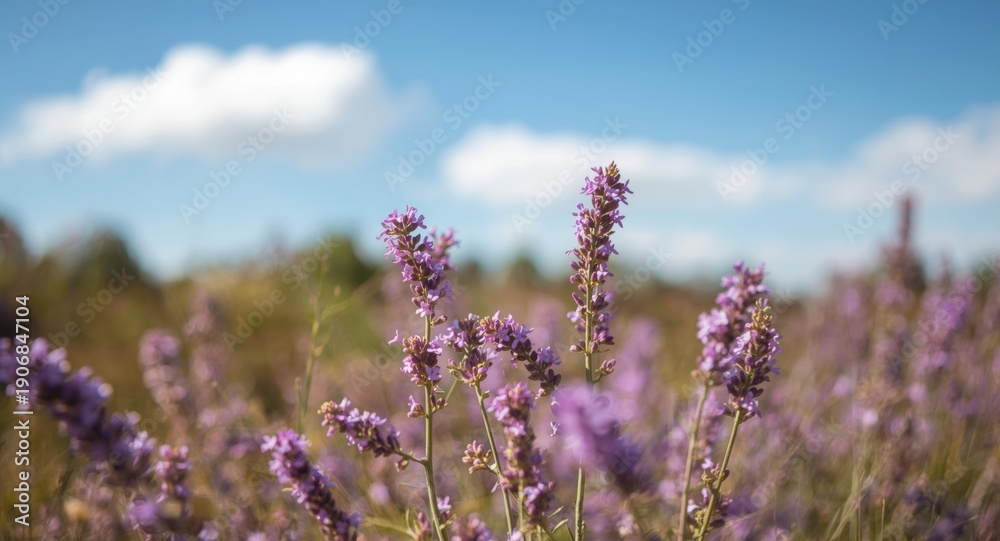 Obraz premium Gentle breeze moves vibrant lavender heather flowers in sunny landscape