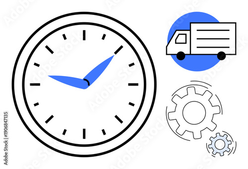 Business management, supply chain optimization, efficiency, punctuality, logistics planning, time tracking. Clock with blue hands, truck and gear icons. Business management and logistics planning