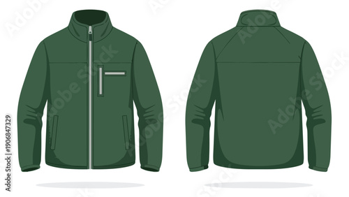 Versatile green full-zip jacket vector illustration showing front and back views. Ideal apparel design template for outdoor wear or work uniforms