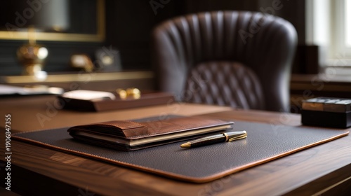A sleek leather desk pad with a pen and notebook sits on a polished wooden desk, with a leather chair and blurred office background.