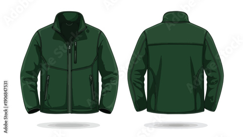 Dark green men's casual jacket vector illustration showcasing front and back design for outdoor apparel