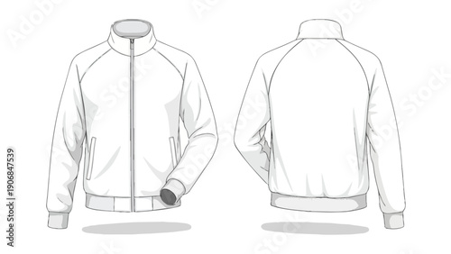 Blank white full-zip track jacket vector illustration. Front and back views for sportswear mockups. Customizable apparel design template technical