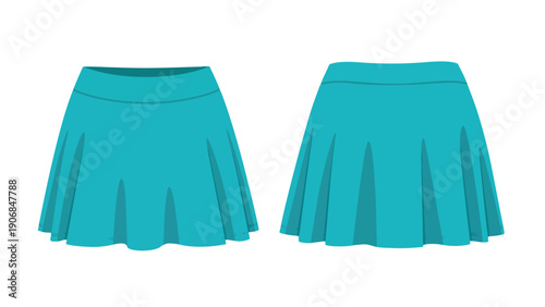 Vibrant teal pleated skater skirt presented in front and back views for diverse fashion illustrations