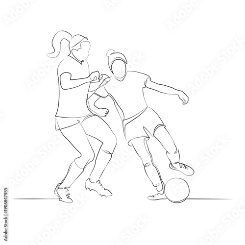 One continuous line drawing on white isolated background. Minimalism linear illustration. sport, player, football, soccer, competition, match, play, action, ball, teenage