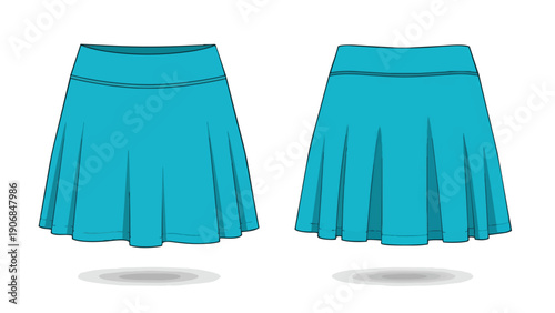 Vibrant teal blue pleated athletic leisure skirt vector illustration front and back views featuring a comfortable elastic waistband ideal for active
