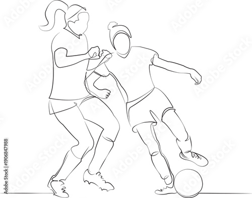 One continuous line drawing on white isolated background. Minimalism linear illustration. sport, player, football, soccer, competition, match, play, action, ball, teenage