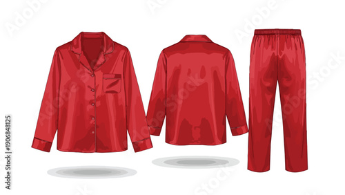 Luxurious crimson sleepwear ensemble showcasing front and back views of a flowing satin pajama shirt paired with comfortable matching trousers