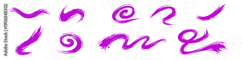 Set of colorful hand-drawn textured paint brush strokes, swirls, and waves on white background. Abstract artistic design elements for creative work