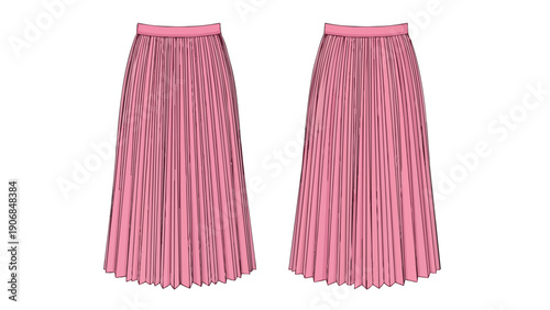A pair of elegant twin pleated skirts in a soft pink hue, meticulously rendered as a modern graphic asset for fashion design, perfectly showcasing
