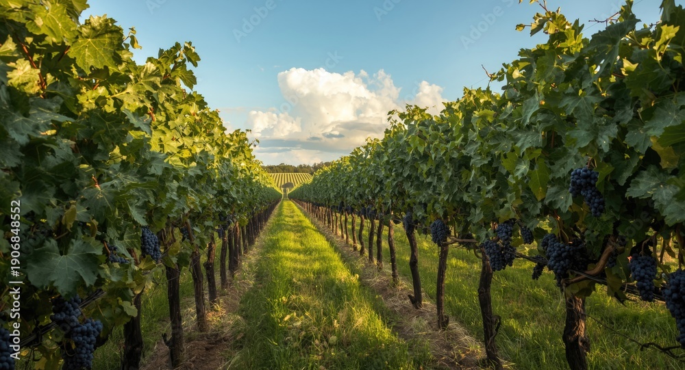 Naklejka premium Fruit laden grape vines illustrating vineyard abundance and agricultural vitality