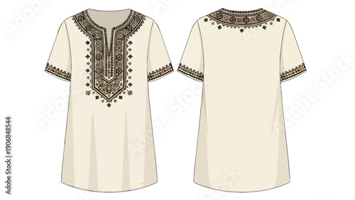 Elegant fashion flat illustration of a bohemian inspired short sleeve tunic dress displaying intricate geometric embroidery patterns on the neckline