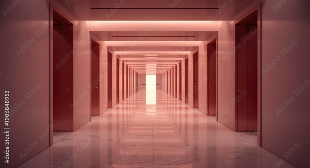 Fototapeta premium Endless walkway formed by open doors in a minimalist rose gold interior