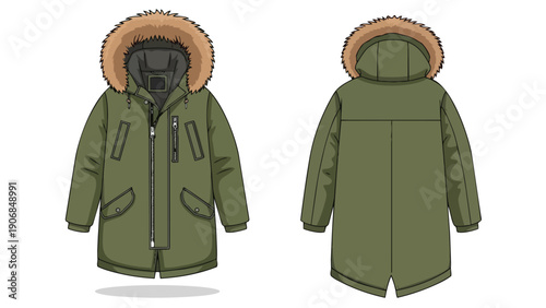 Detailed illustration of an olive green winter parka with a faux fur-lined hood, front and back views displayed