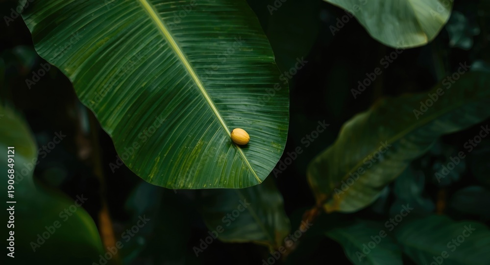 Fototapeta premium Detailed tropical garden scene showing small banana leaf and tiny banana with copy space