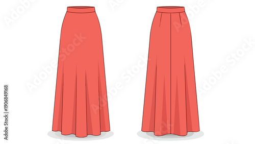 A precise fashion technical flat sketch illustration depicting a vibrant coral full-length maxi skirt, meticulously presenting both the detailed
