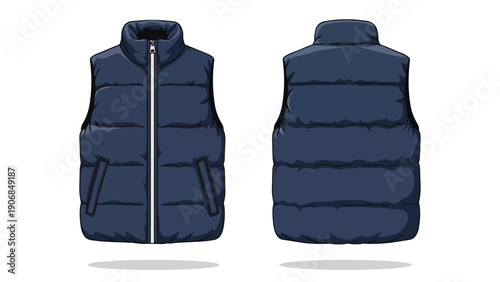 A versatile dark blue sleeveless puffer vest, presented with distinct front and back views, ideal for layering and cold weather protection and style