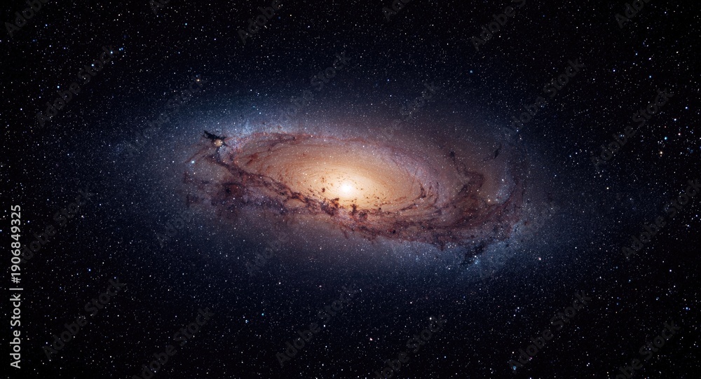 Fototapeta premium Brightly glowing spiral galaxy with stars densely populating the background space