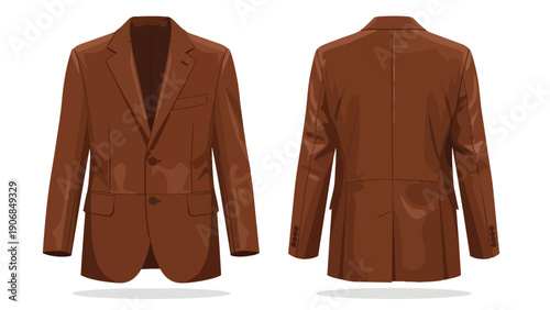 Elegant brown men's blazer vector illustration displaying both front and back views of the classic formal outerwear garment on a clean white