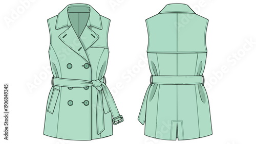 Sleeveless double-breasted trench vest technical flat illustration with tied belt front and back views aqua green fashion design render