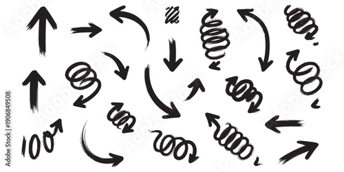 Vector set of hand-drawn grunge arrows, collection of hand-painted brush stroke pointers and creative ink scribbles for artistic design