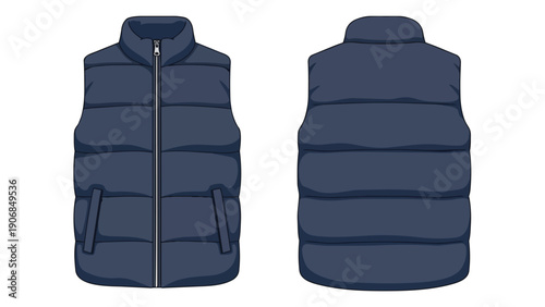 Vector illustration of a modern navy blue puffer vest, showcasing both the front and back views. Perfect for fashion design and apparel mockups,