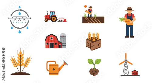 Farming icons agriculture irrigation harvesting and farm elements
