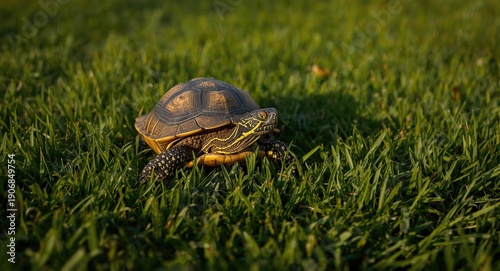 Lively turtle moving across...