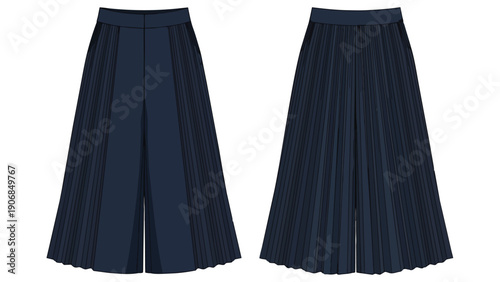 An elegant pair of navy blue pleated wide-leg trousers, perfect for sophisticated women's fashion, offering comfort and timeless style for various