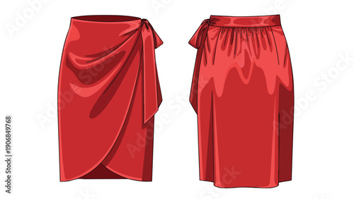 Vibrant crimson wrap skirt vector illustration featuring elegant drapes and a stylish side tie waist