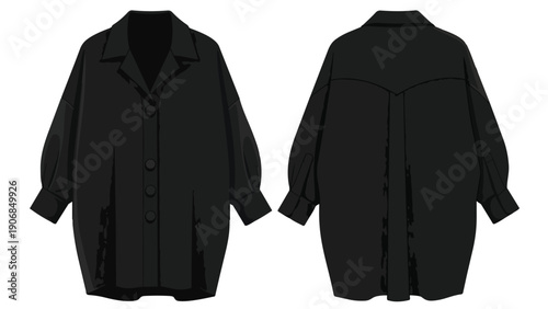 Fashionable black oversized shirt front and back view illustration showcasing a versatile casual contemporary garment design with unique puffed