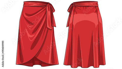 Vibrant red wrap skirt fashion illustration showcasing front and back views of elegant summer apparel design