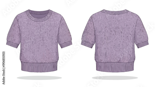 Front and back views of a charming lavender casual short-sleeve top with distinct textured pattern and comfortable ribbed detailing perfect for