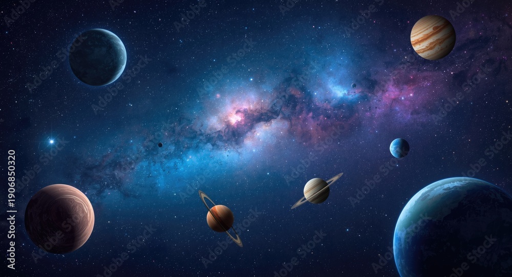 Fototapeta premium Illustrated outer space scene showing varied planetary bodies and a starry environment