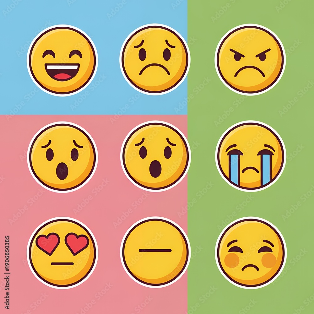Fototapeta premium Flat vector icons of emotional emojis simplified: smiley face sad face angry face surprised face crying face love heart eyes neutral face blushing cheeks heart eyes emoji love icon cartoon emotion hea