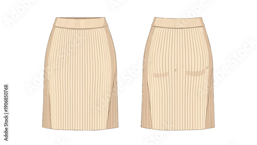 Stylish ribbed knit midi pencil skirt technical fashion illustration in a versatile neutral tone, showcasing front and back designs for fashion