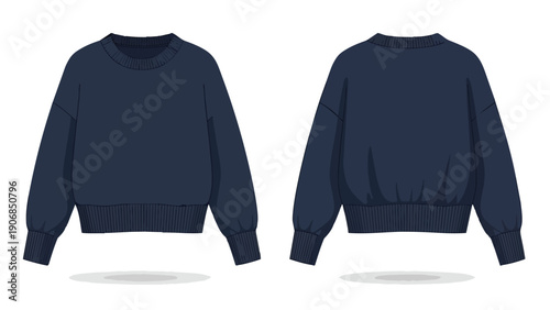 Classic navy blue crew neck sweatshirt flat lay, front and back design illustration, comfortable casual garment template