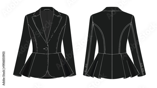 Sophisticated women's peplum blazer technical flat sketch showcasing front and back views with detailed seam lines and elegant silhouette design for