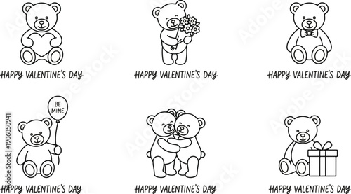  Set of 6 Cute Teddy Bear Line Art Icons for Valentine's Day 2026 - Adorable Black and White Outline Illustrations Featuring Hearts, Flowers, Gifts, and Hugs 2026