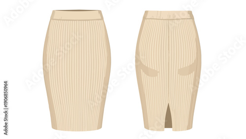 An illustrative depiction of a elegant beige ribbed pencil skirt, presented with both front and back views, perfect for fashion design and apparel