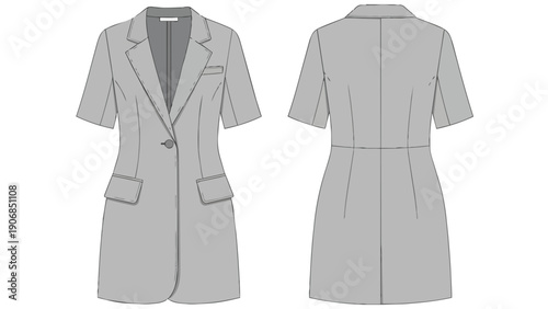 Flat sketch blueprint of a chic short-sleeved blazer dress, depicting front and back perspectives, essential for fashion design, textile
